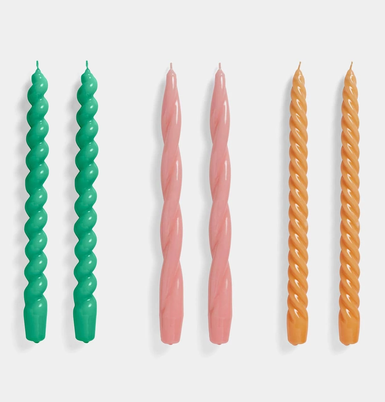 HAY Set Of 6 Long Candles β Green, Dark Rose, Tangerine