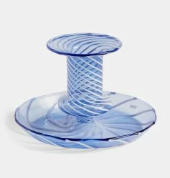 HAY Flare Stripe Candle Holder In Light Blue & White